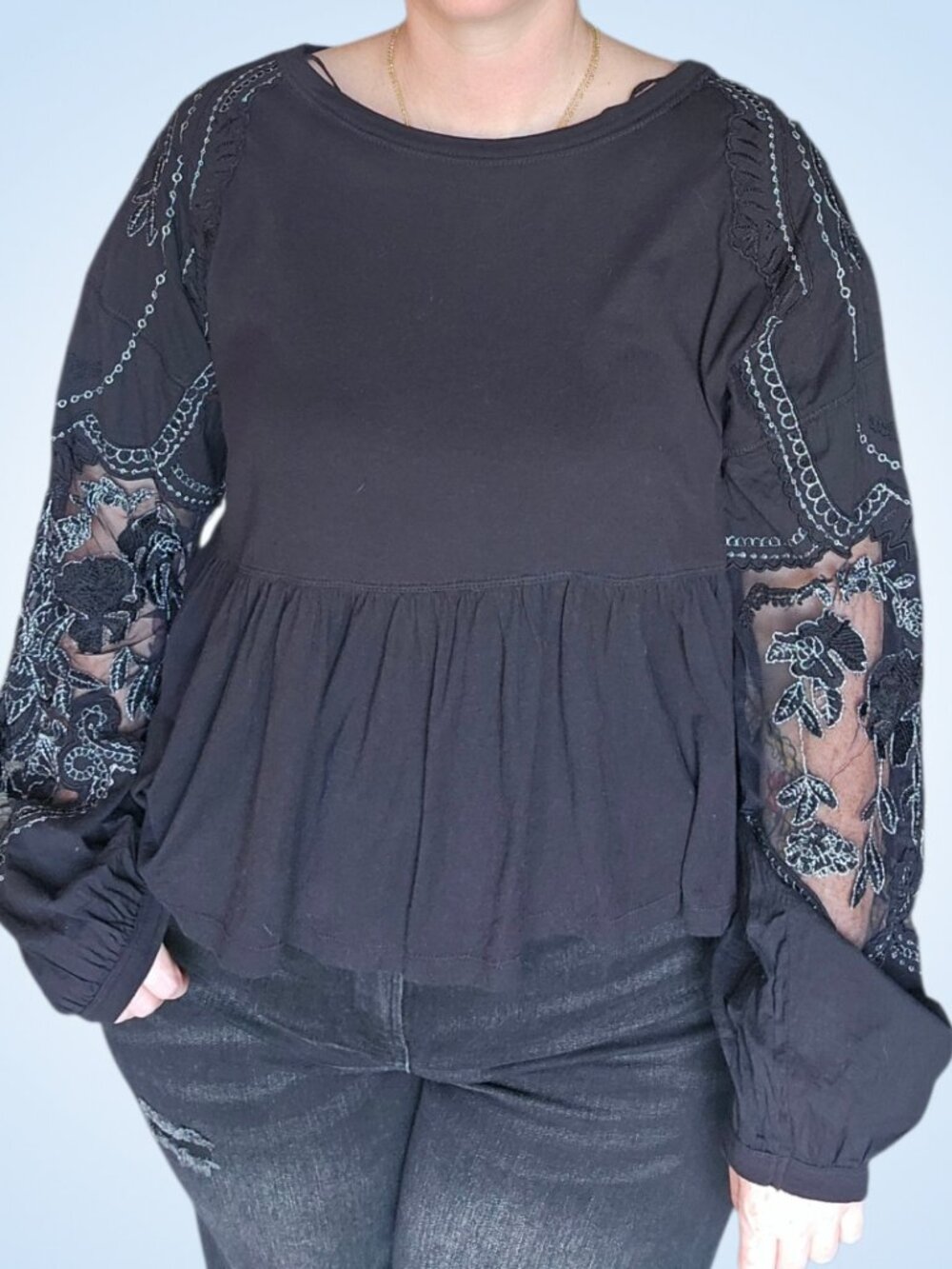 Free People Black Embroidered Sleeve Babydoll Top XS Boho Goth Peplum